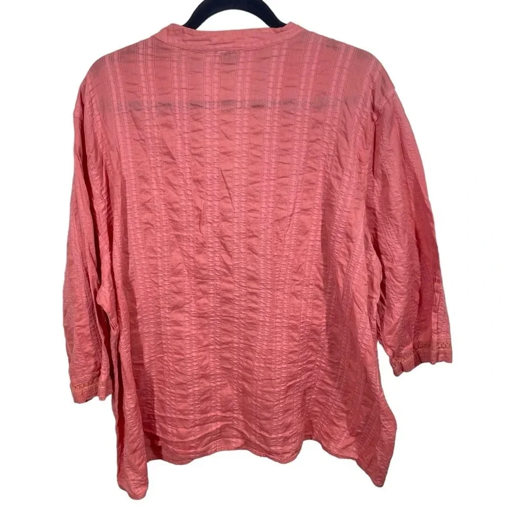 Quizz woman casual button down shirt coral pink beaded floral coastal cotton 22
